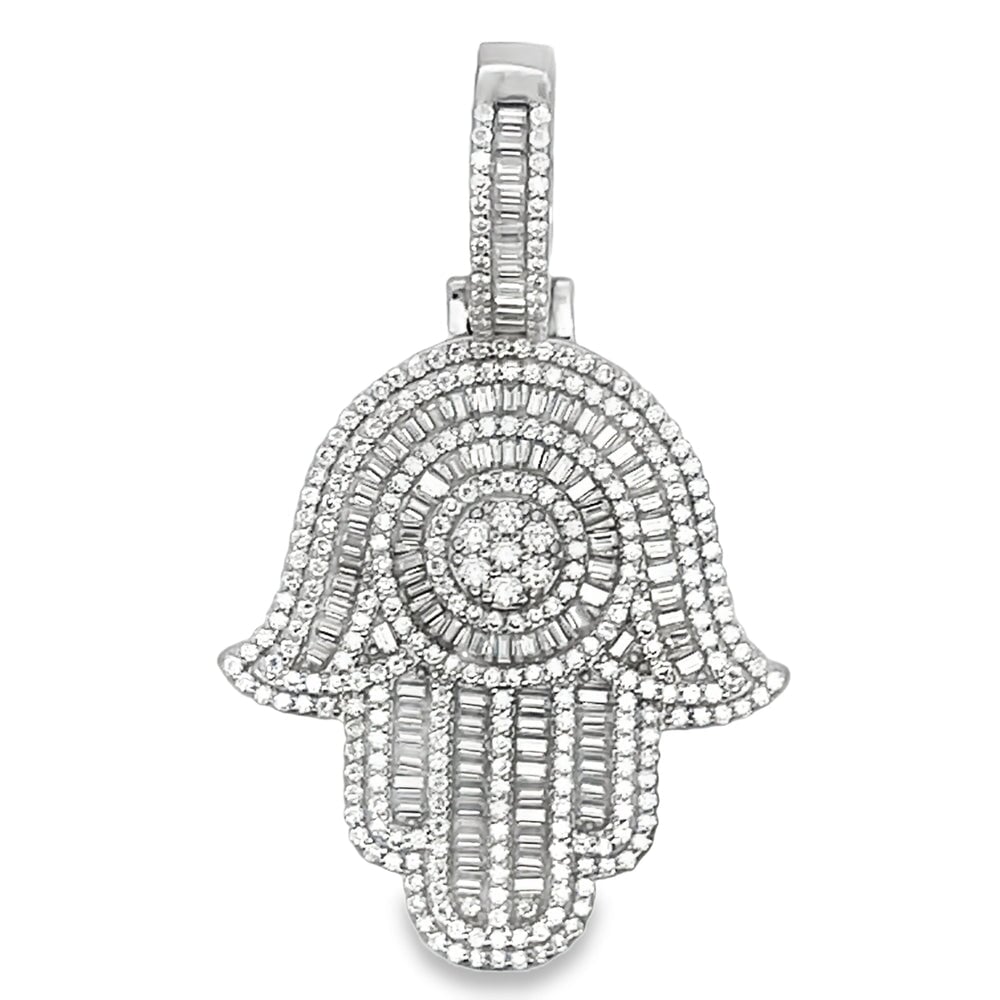 Large Baguette Hamsa Iced Out Moissanite Pendant .925 Sterling Silver HipHopBling