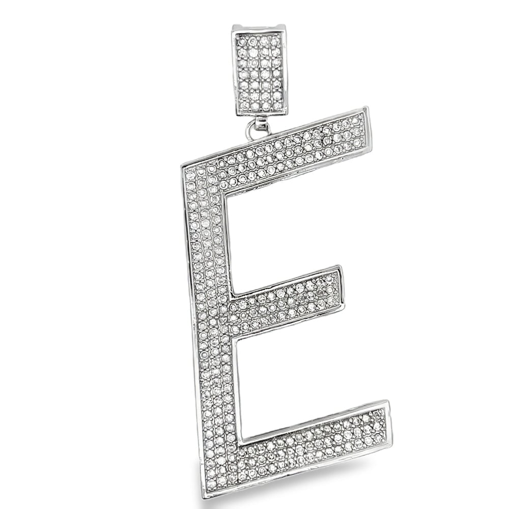 Large Block Initial Letter White CZ Iced Out Pendant E HipHopBling