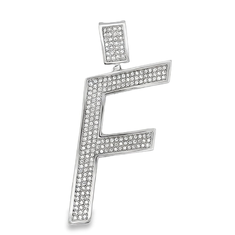 Large Block Initial Letter White CZ Iced Out Pendant F HipHopBling