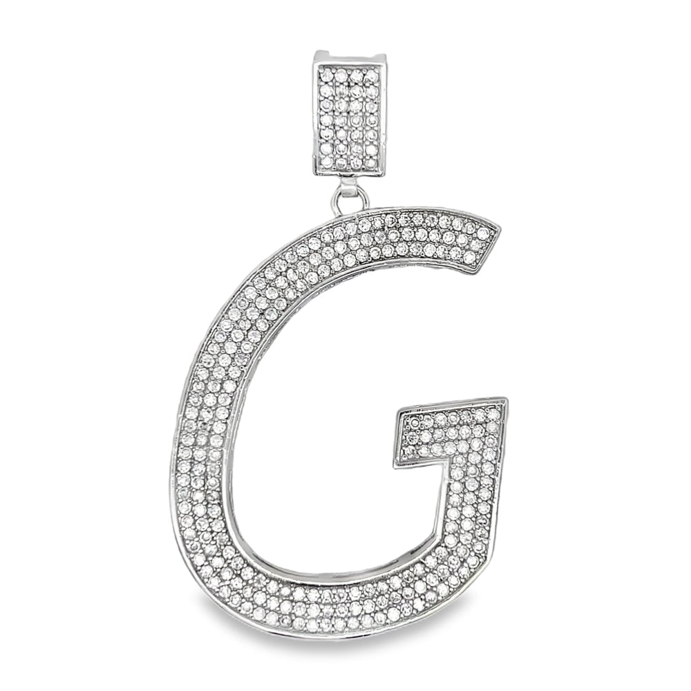 Large Block Initial Letter White CZ Iced Out Pendant G HipHopBling