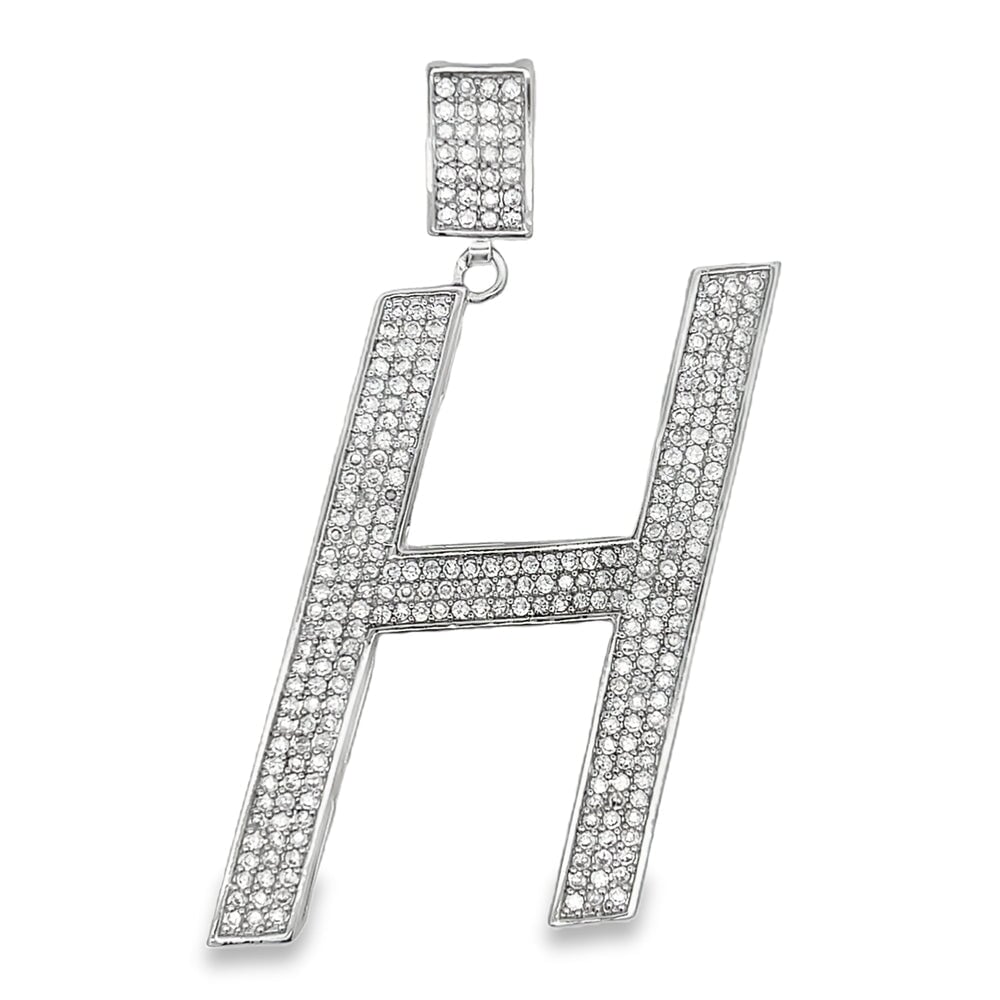Large Block Initial Letter White CZ Iced Out Pendant H HipHopBling