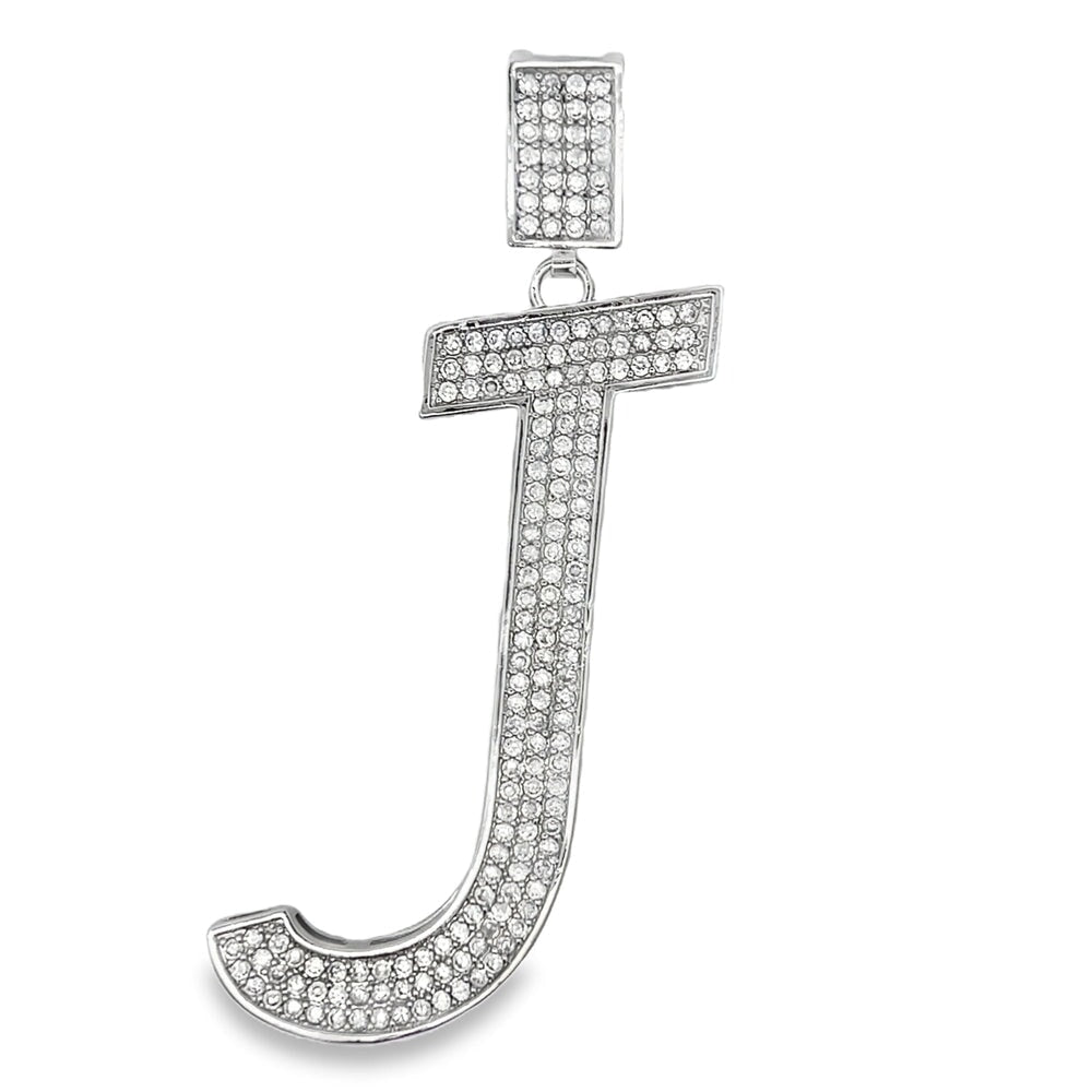 Large Block Initial Letter White CZ Iced Out Pendant J HipHopBling
