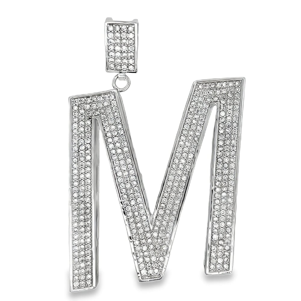 Large Block Initial Letter White CZ Iced Out Pendant M HipHopBling