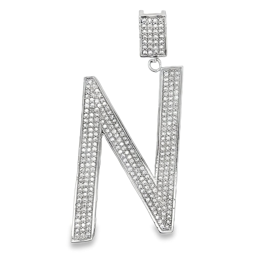 Large Block Initial Letter White CZ Iced Out Pendant N HipHopBling