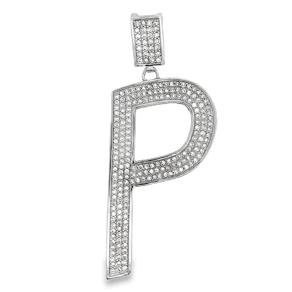 Large Block Initial Letter White CZ Iced Out Pendant P HipHopBling