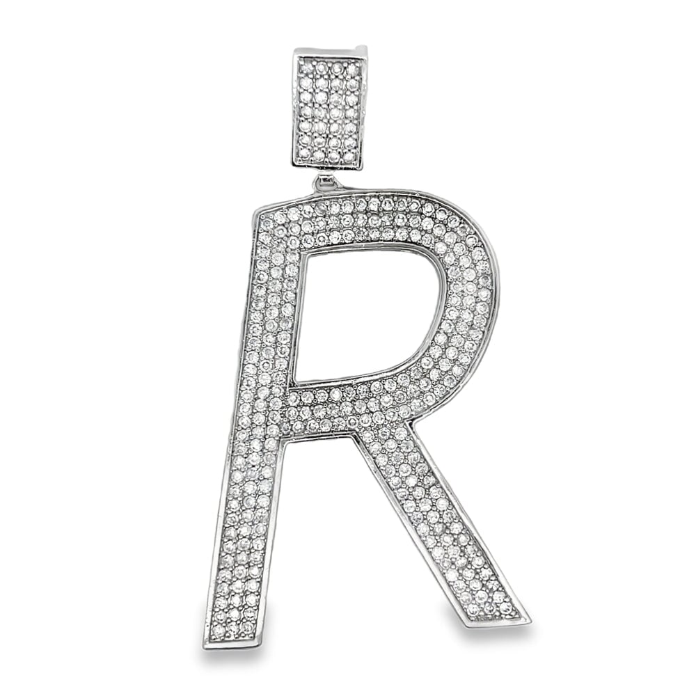 Large Block Initial Letter White CZ Iced Out Pendant R HipHopBling