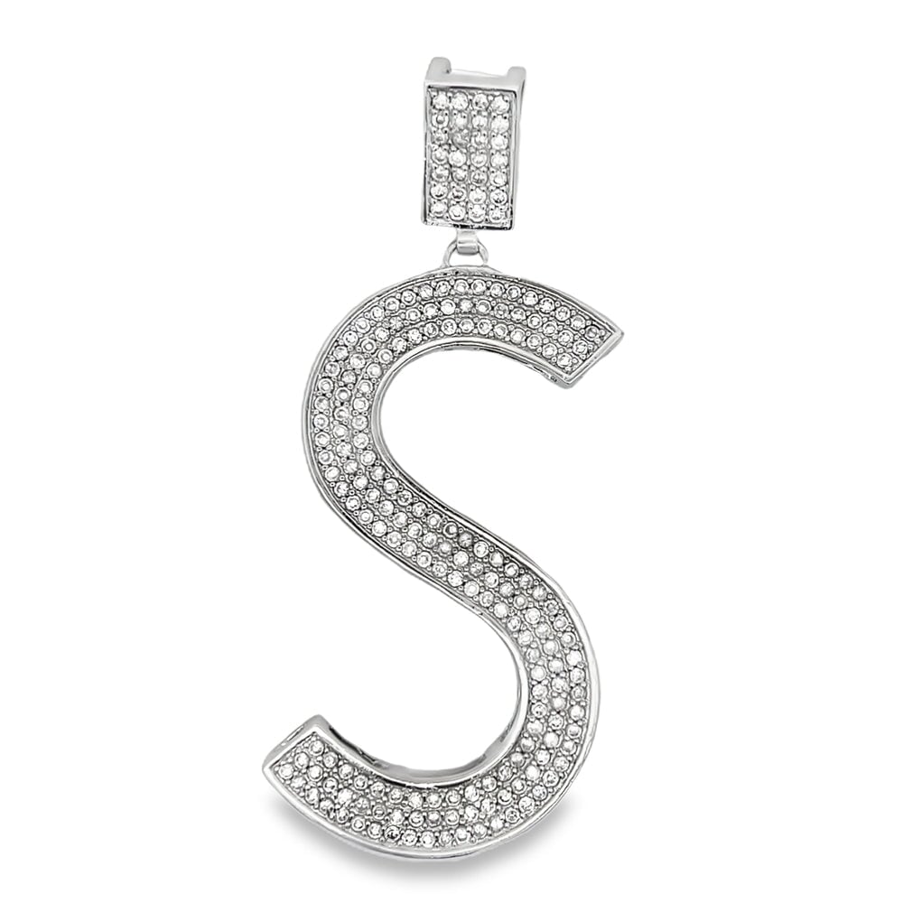 Large Block Initial Letter White CZ Iced Out Pendant S HipHopBling