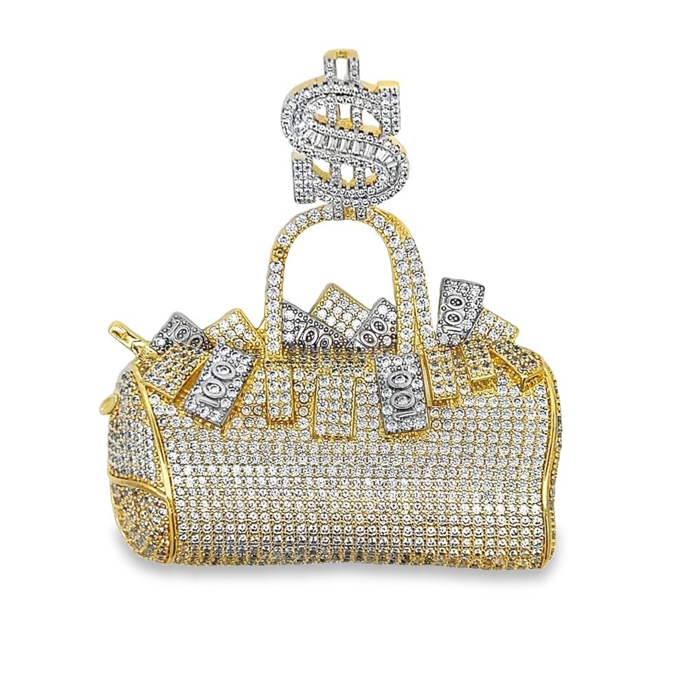 Overflowing Money Bag $ CZ Hip Hop Iced Out Pendant Yellow Gold HipHopBling