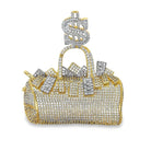 Overflowing Money Bag $ CZ Hip Hop Iced Out Pendant Yellow Gold HipHopBling