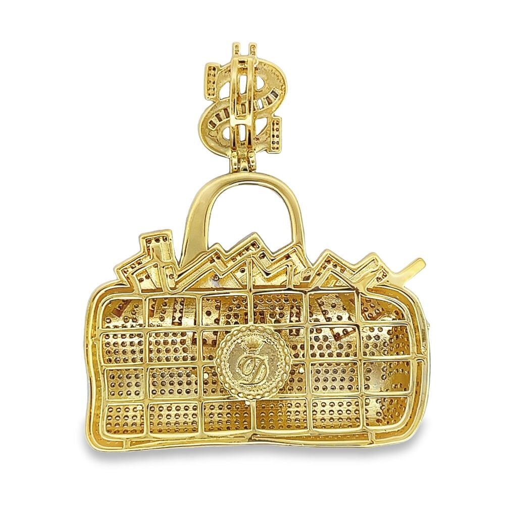 Overflowing Money Bag $ CZ Hip Hop Iced Out Pendant Yellow Gold HipHopBling