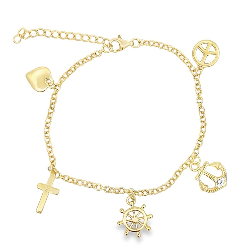 Peace & Love Charm Bracelet .925 Sterling Silver Gold HipHopBling