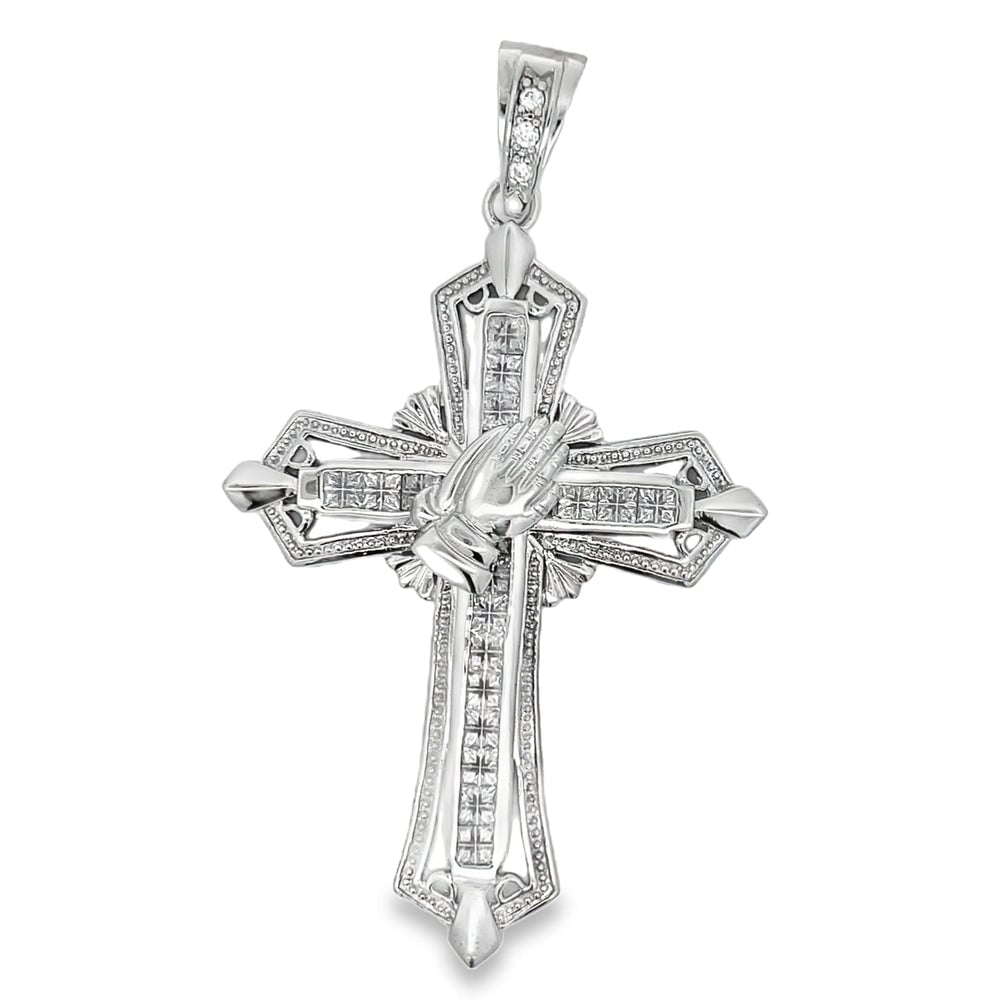Prayer Hands Cross CZ Iced Out Pendant .925 Sterling Silver HipHopBling