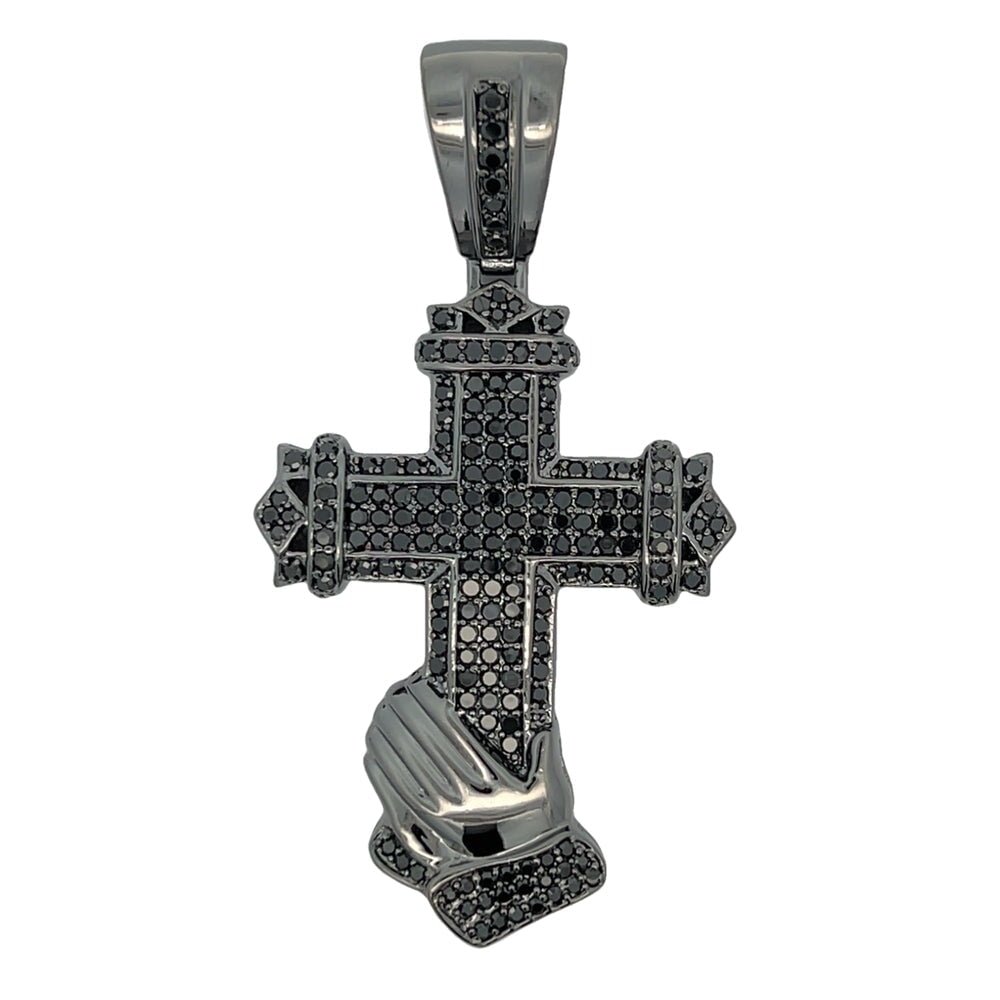 Prayer Hands Cross CZ Pendant .925 Sterling Silver HipHopBling