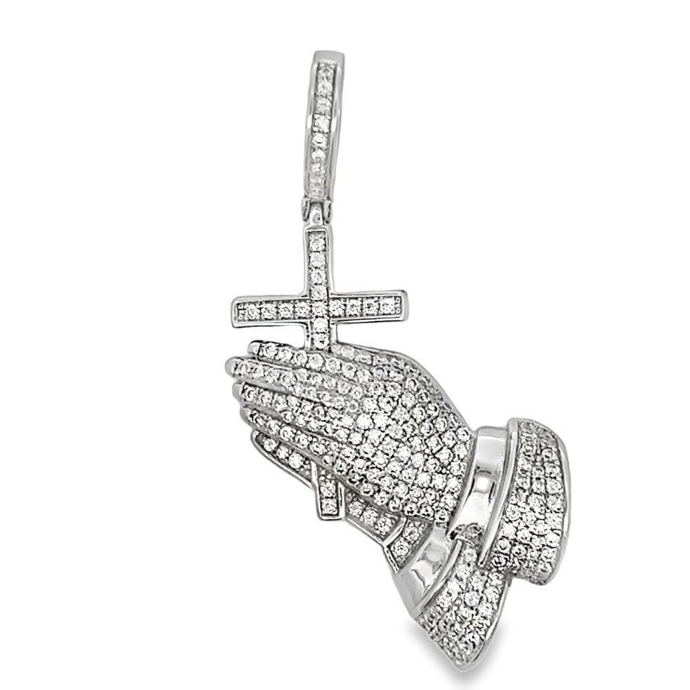 Prayer Hands Cross Iced Out Moissanite Pendant .925 Sterling Silver HipHopBling