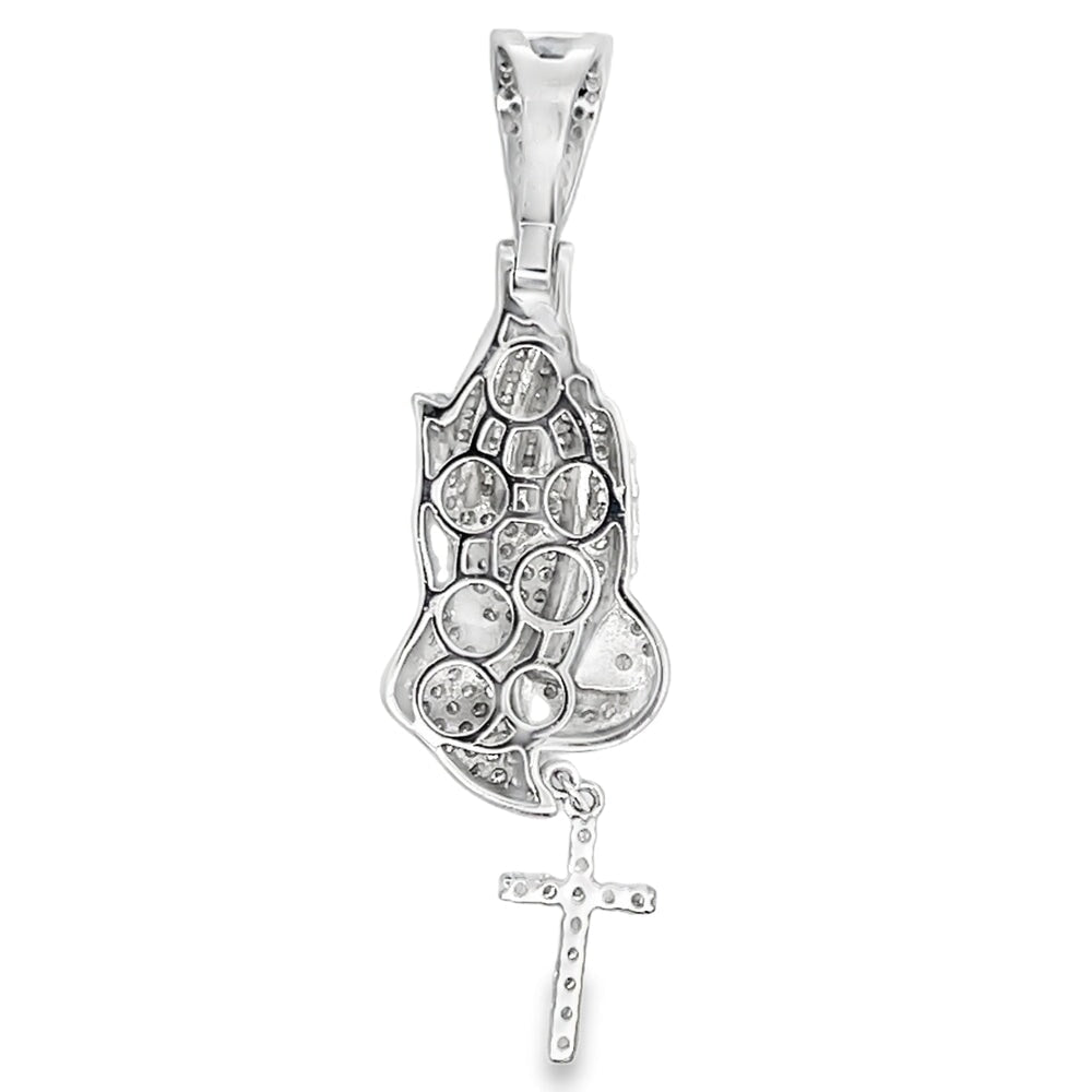 Prayer Hands Cross Iced Out Moissanite Pendant .925 Sterling Silver HipHopBling