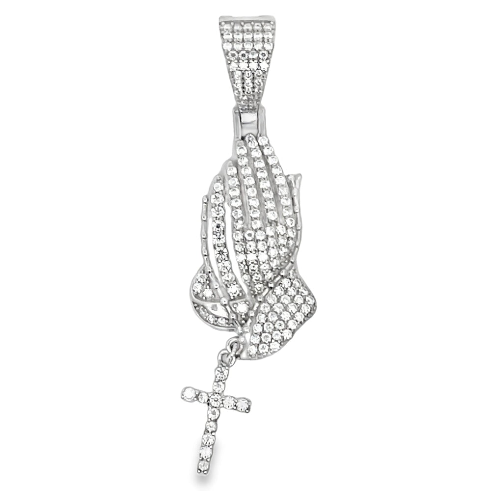 Prayer Hands Cross Iced Out Moissanite Pendant .925 Sterling Silver HipHopBling