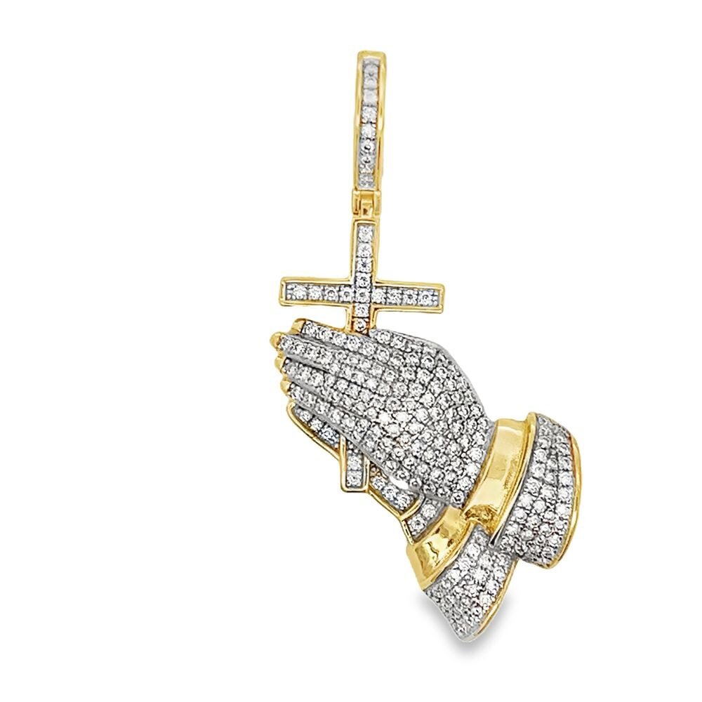 Prayer Hands Cross Iced Out Moissanite Pendant Gold .925 Sterling Silver HipHopBling