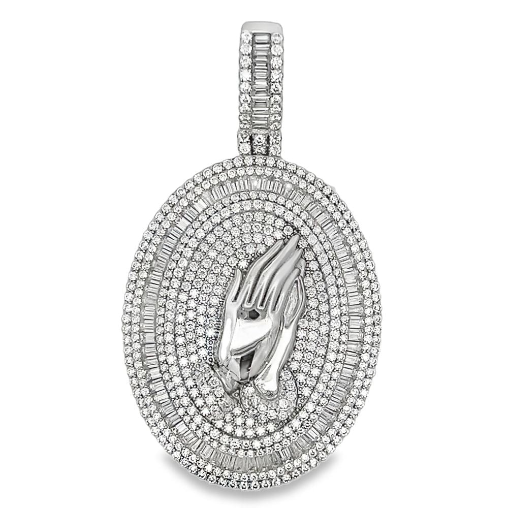 Praying Hands Oval Iced Out Moissanite Pendant .925 Sterling Silver HipHopBling