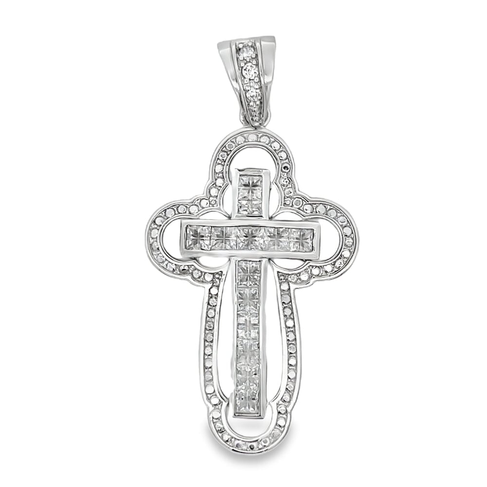 Princess Halo Bubble Cross CZ Pendant .925 Sterling Silver HipHopBling