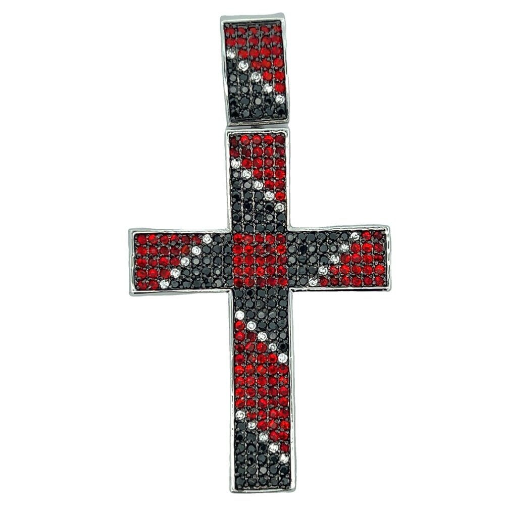 Red & Black Diagonal Cross CZ Iced Out Pendant HipHopBling
