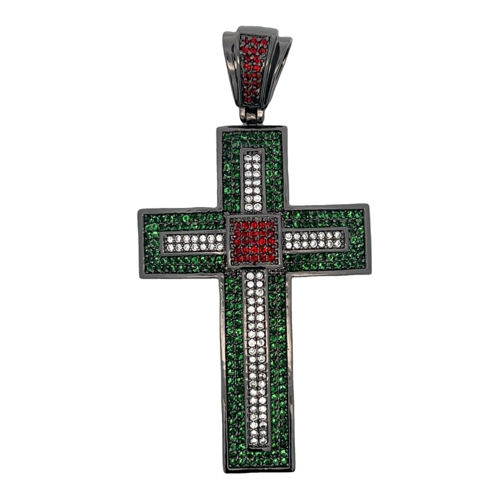 Red & Green CZ Black Cross Iced Out Pendant HipHopBling