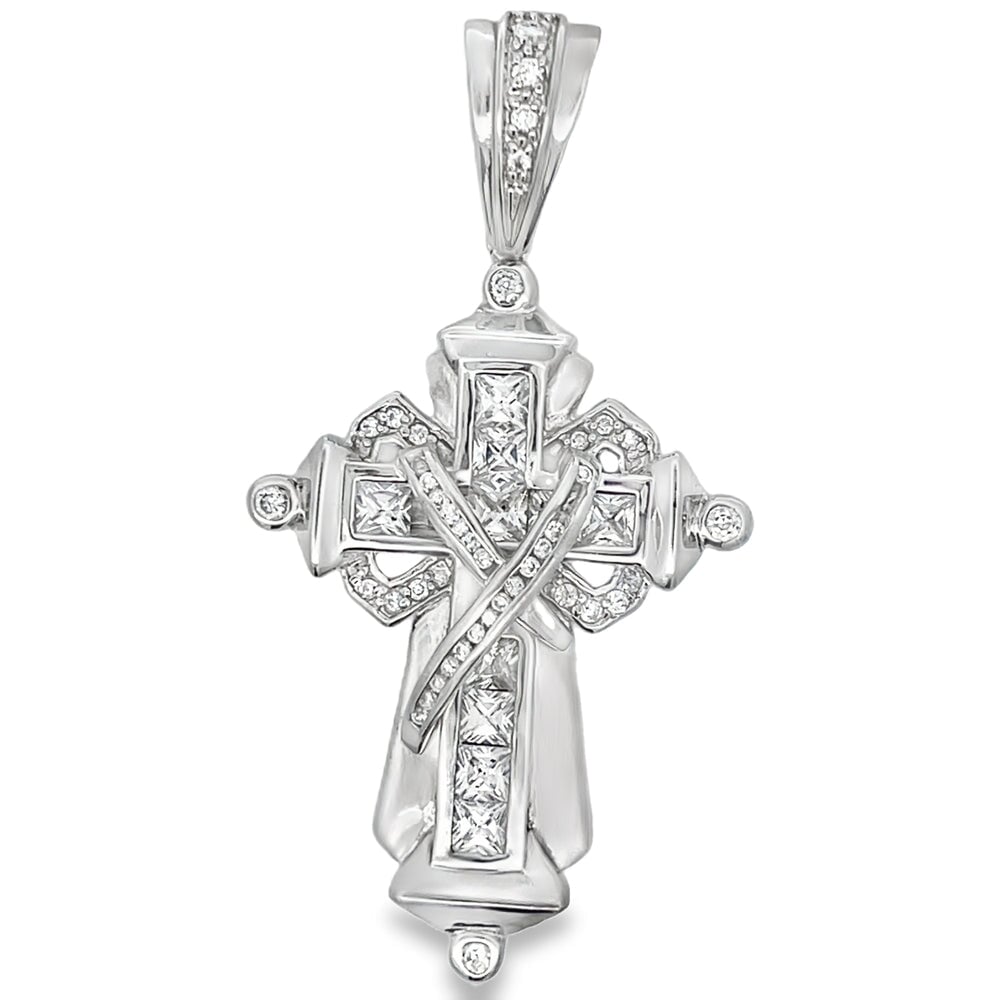 Ribbon Princess Cut Cross CZ Pendant .925 Sterling Silver HipHopBling