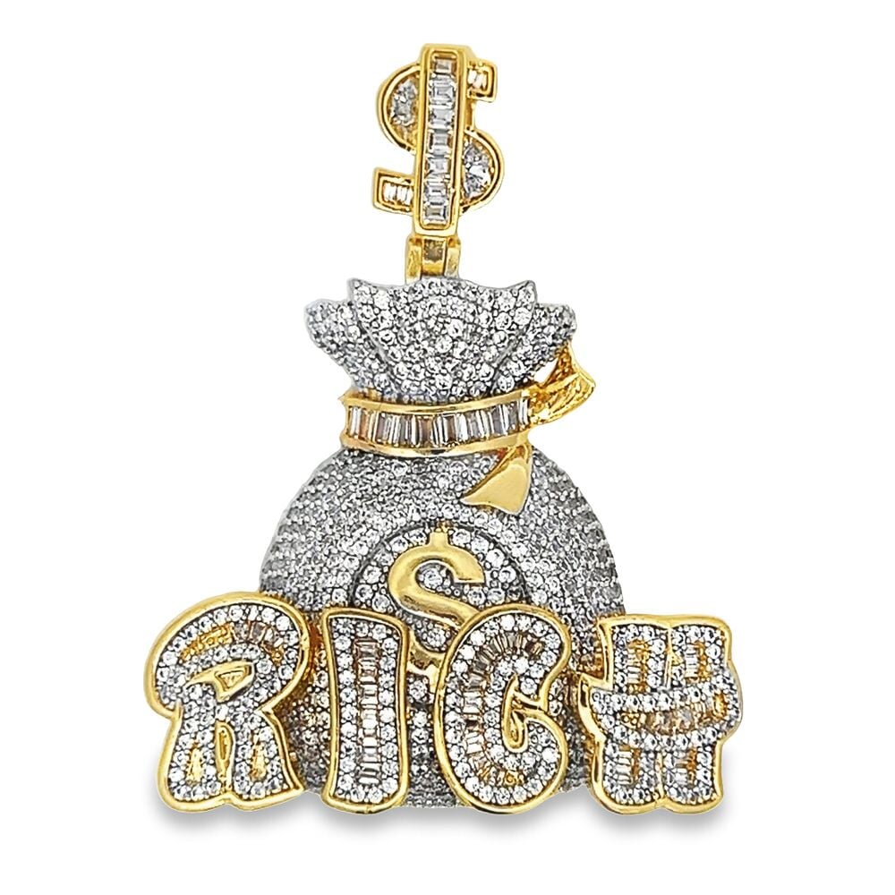 RICH Money Bag CZ Hip Hop Iced Out Pendant Yellow Gold HipHopBling