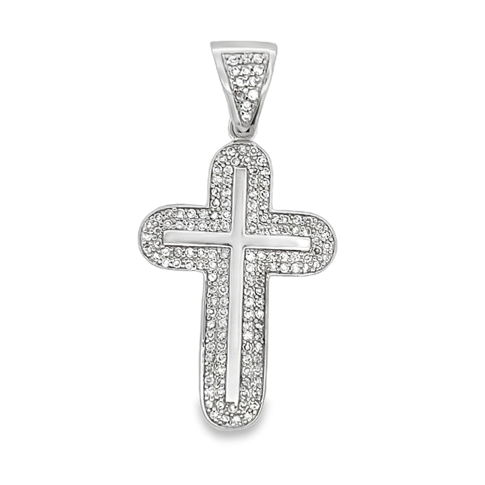 Rounded Cross CZ Pendant .925 Sterling Silver HipHopBling