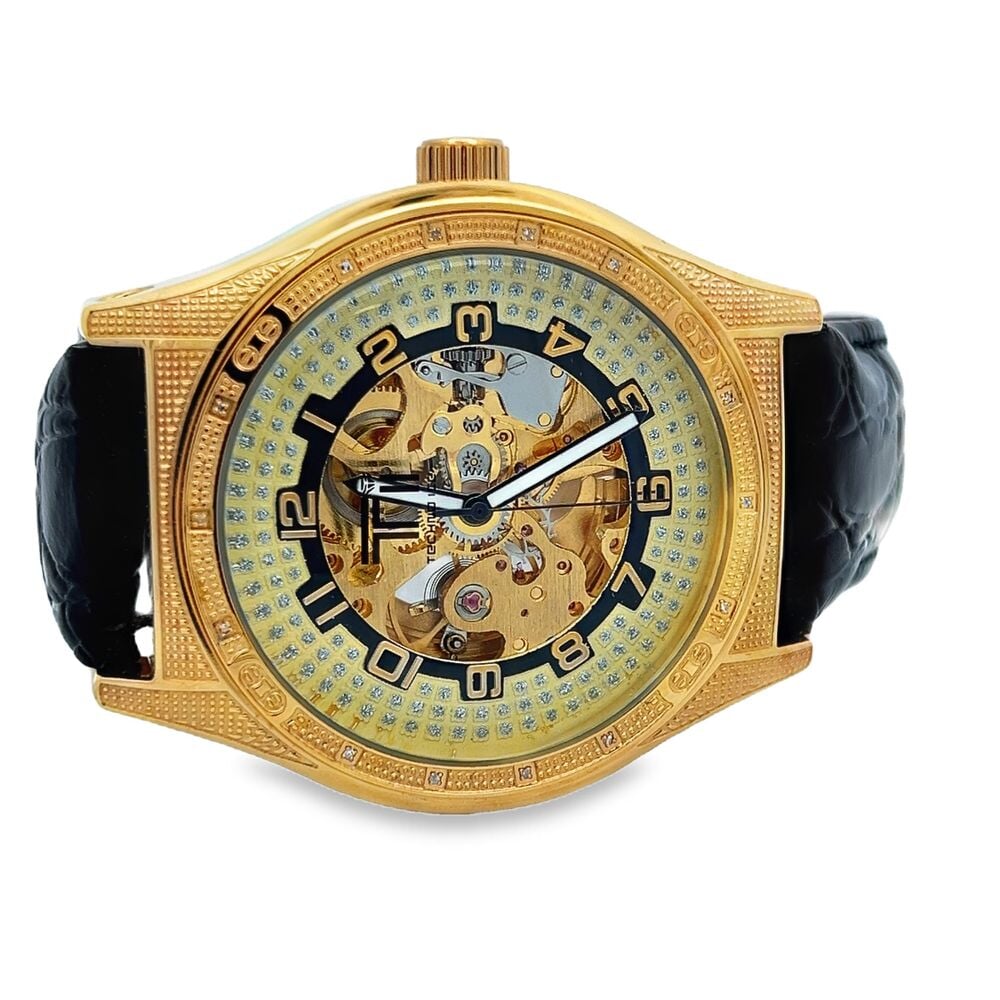 Skeleton .14 Carat Diamond Watch w/ Leather Band Gold HipHopBling