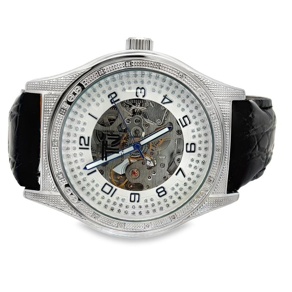 Skeleton .14 Carat Diamond Watch w/ Leather Band Silver HipHopBling