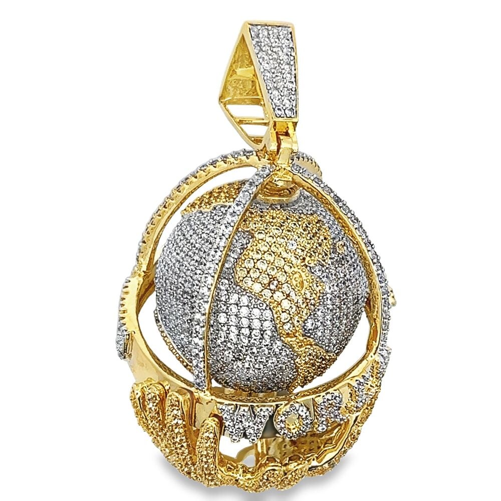 Spinning Globe CZ Hip Hop Iced Out Pendant Yellow Gold HipHopBling