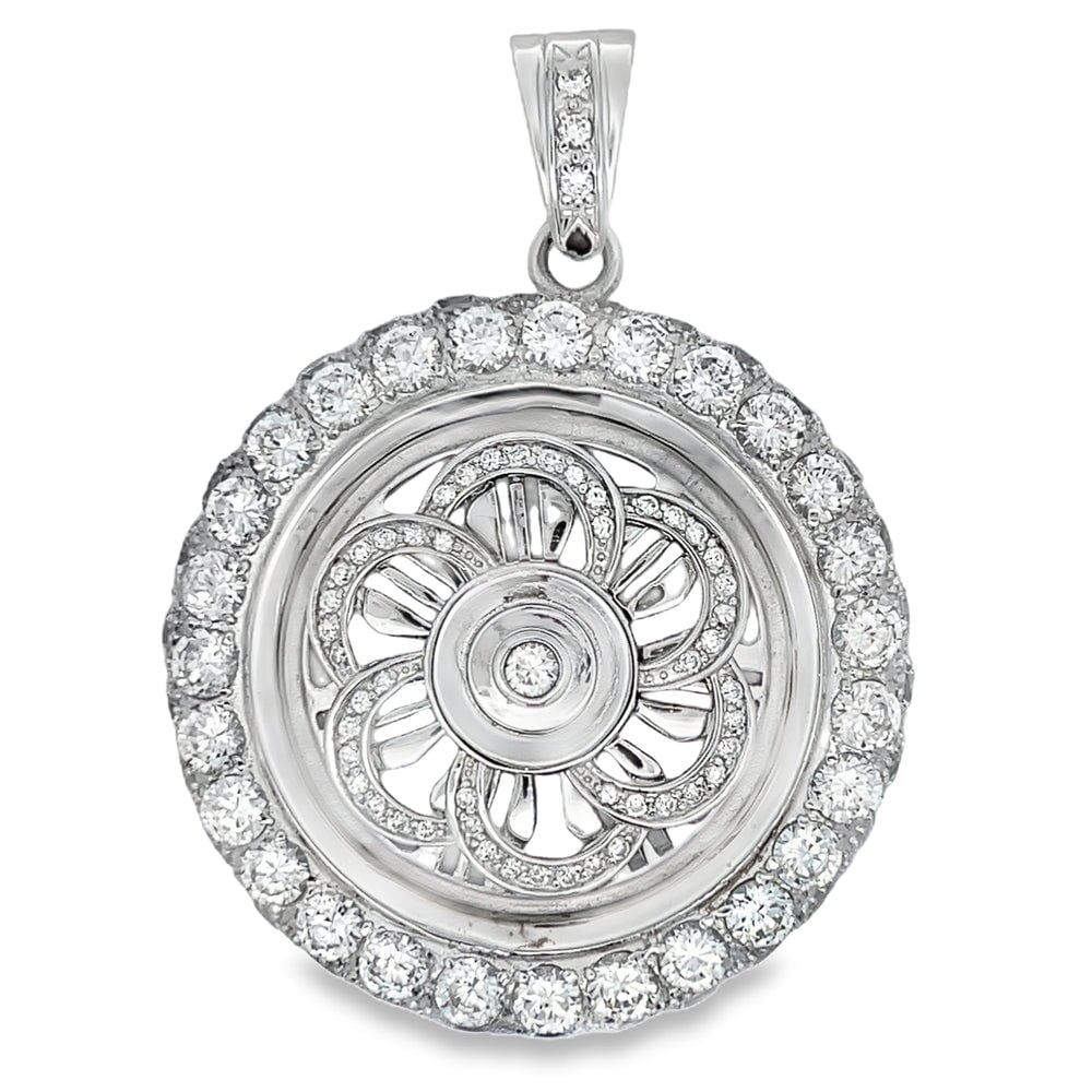 Spiral Spoke Spinner Rim CZ Pendant .925 Sterling Silver HipHopBling