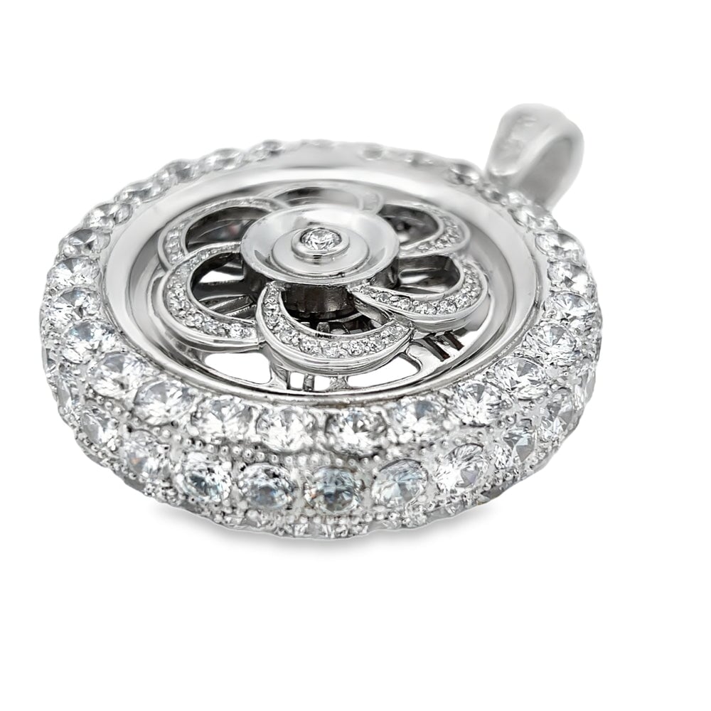 Spiral Spoke Spinner Rim CZ Pendant .925 Sterling Silver HipHopBling