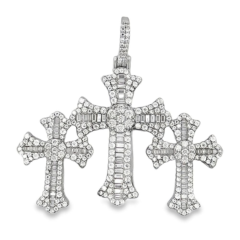 Triple Baguette Cross Iced Out Moissanite Pendant .925 Sterling Silver HipHopBling