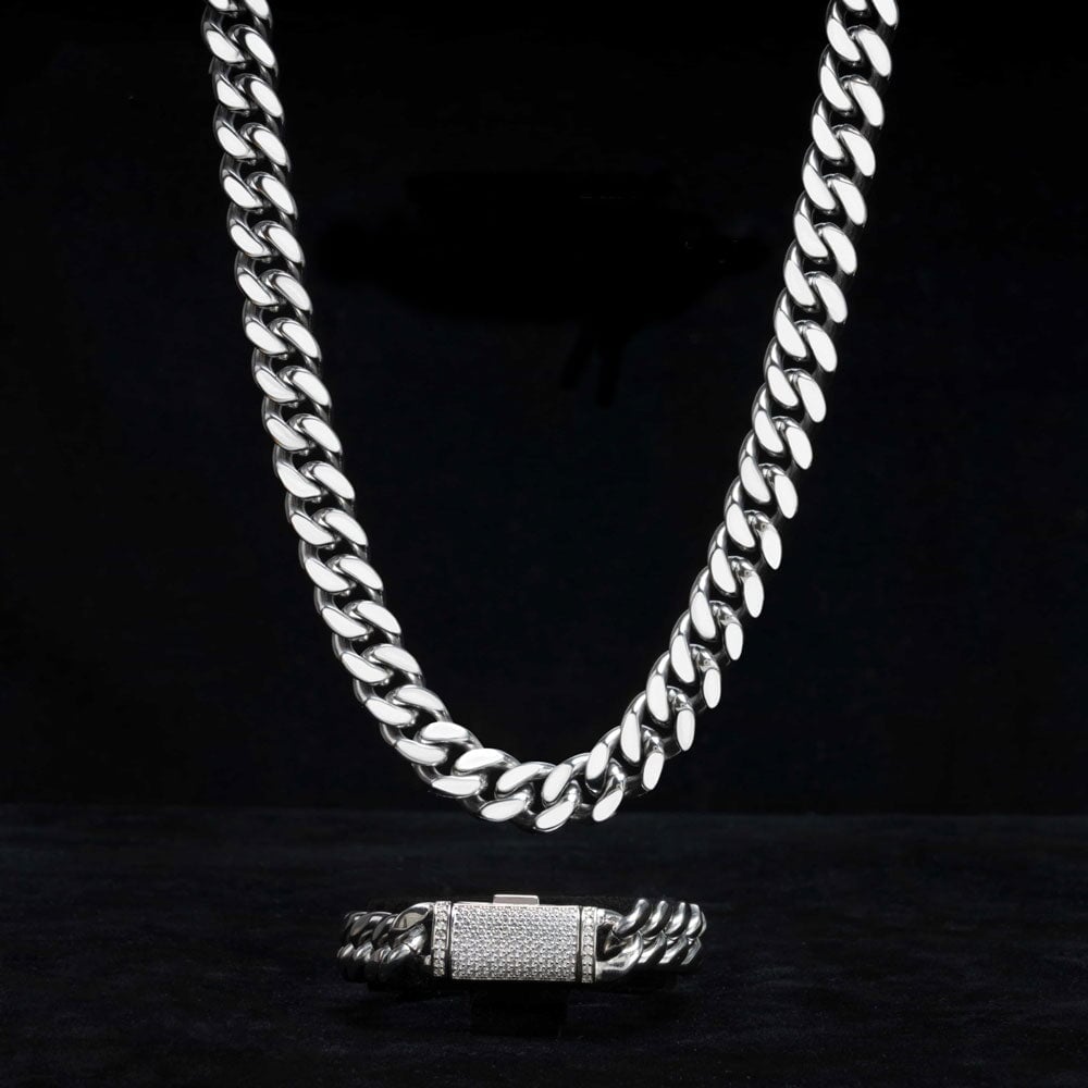 VVS Moissanite Miami Cuban Bracelet Steel / .925 Silver 8MM White Gold 18" HipHopBling