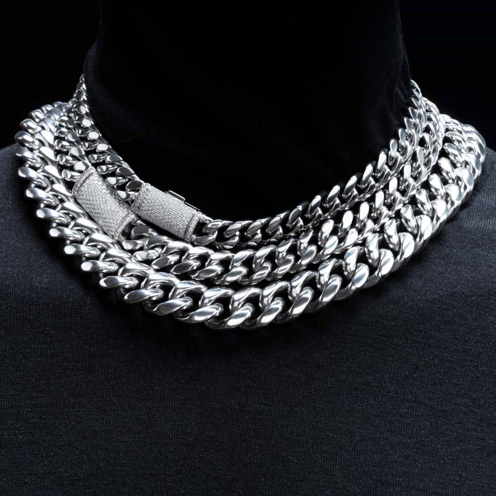 VVS Moissanite Miami Cuban Bracelet Steel / .925 Silver 8MM White Gold 18" HipHopBling