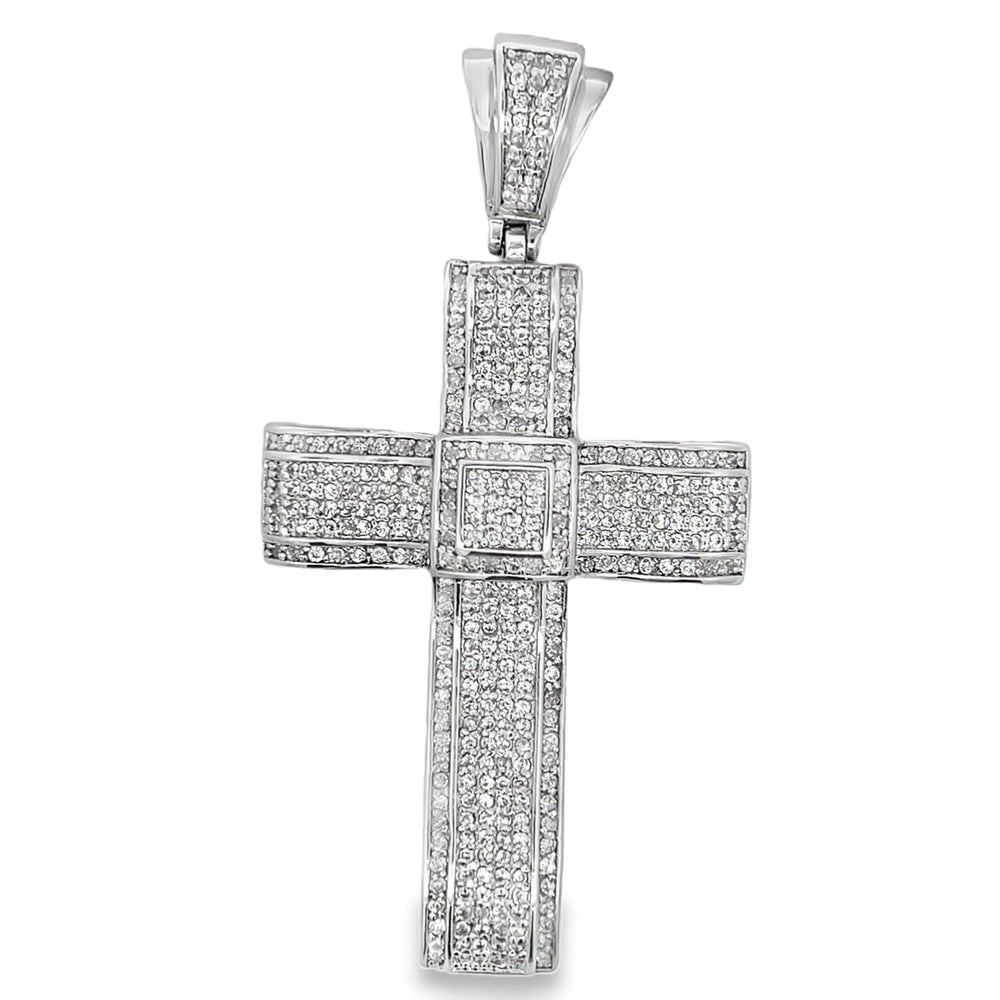 Wavy Square Cross CZ Iced Out Pendant .925 Sterling Silver HipHopBling