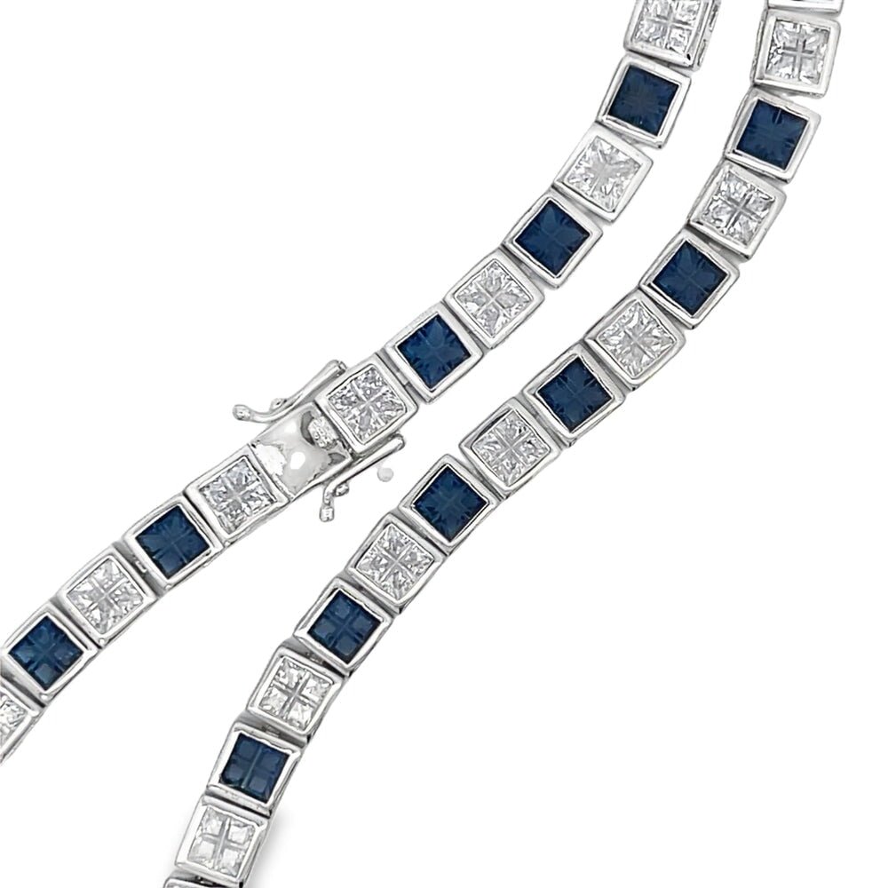 White & Blue Princess Cut CZ Tennis Chain .925 Sterling Silver HipHopBling