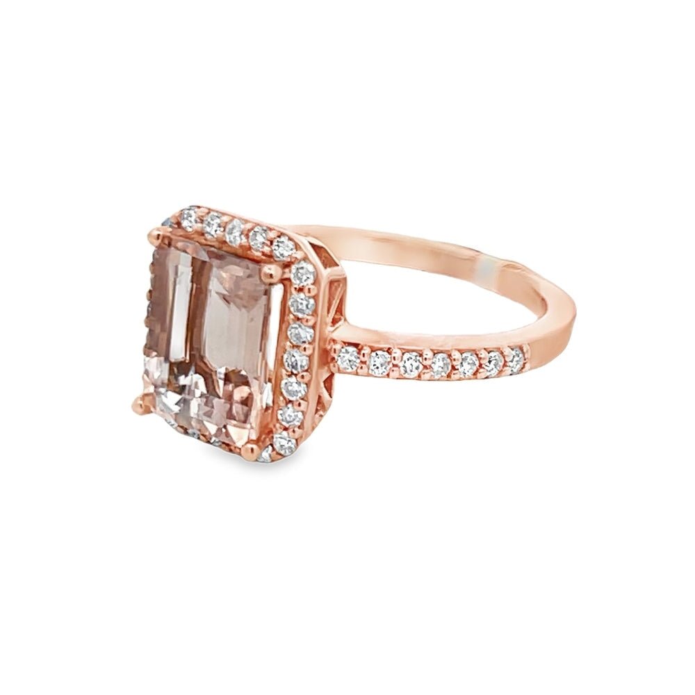 Womens 14K Rose Gold Emerald Cut Morganite Diamond Solitaire Ring HipHopBling