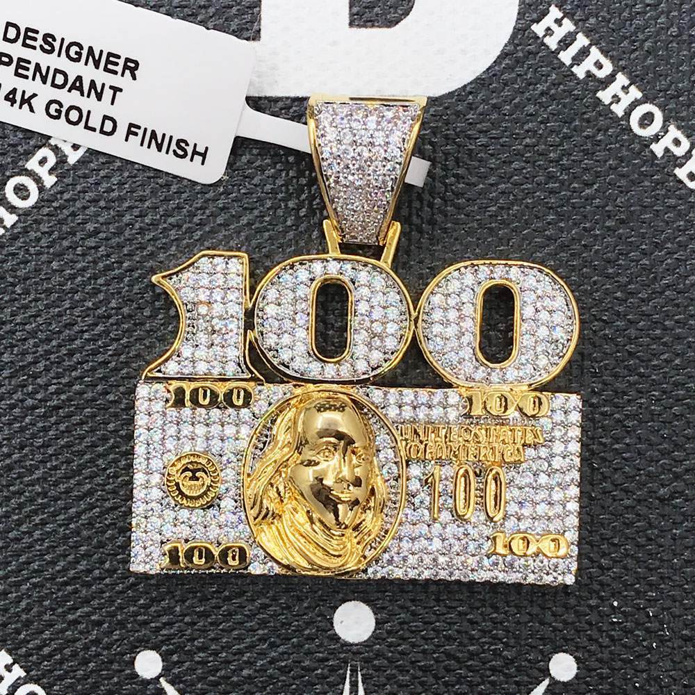 100 $100 Bill CZ Hip Hop Bling Bling Pendant Yellow Gold HipHopBling