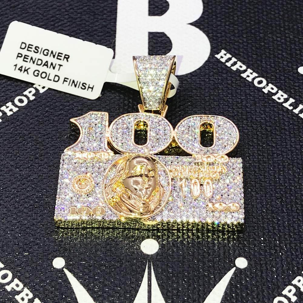 100 $100 Bill CZ Hip Hop Bling Bling Pendant Yellow Gold HipHopBling