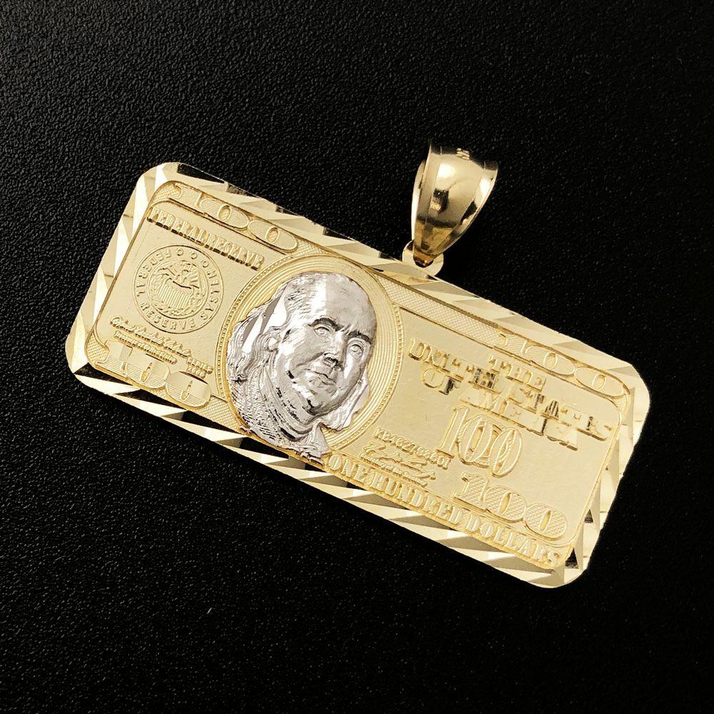 $100 Bill 2 Tone DC 10K Yellow Gold Pendant HipHopBling