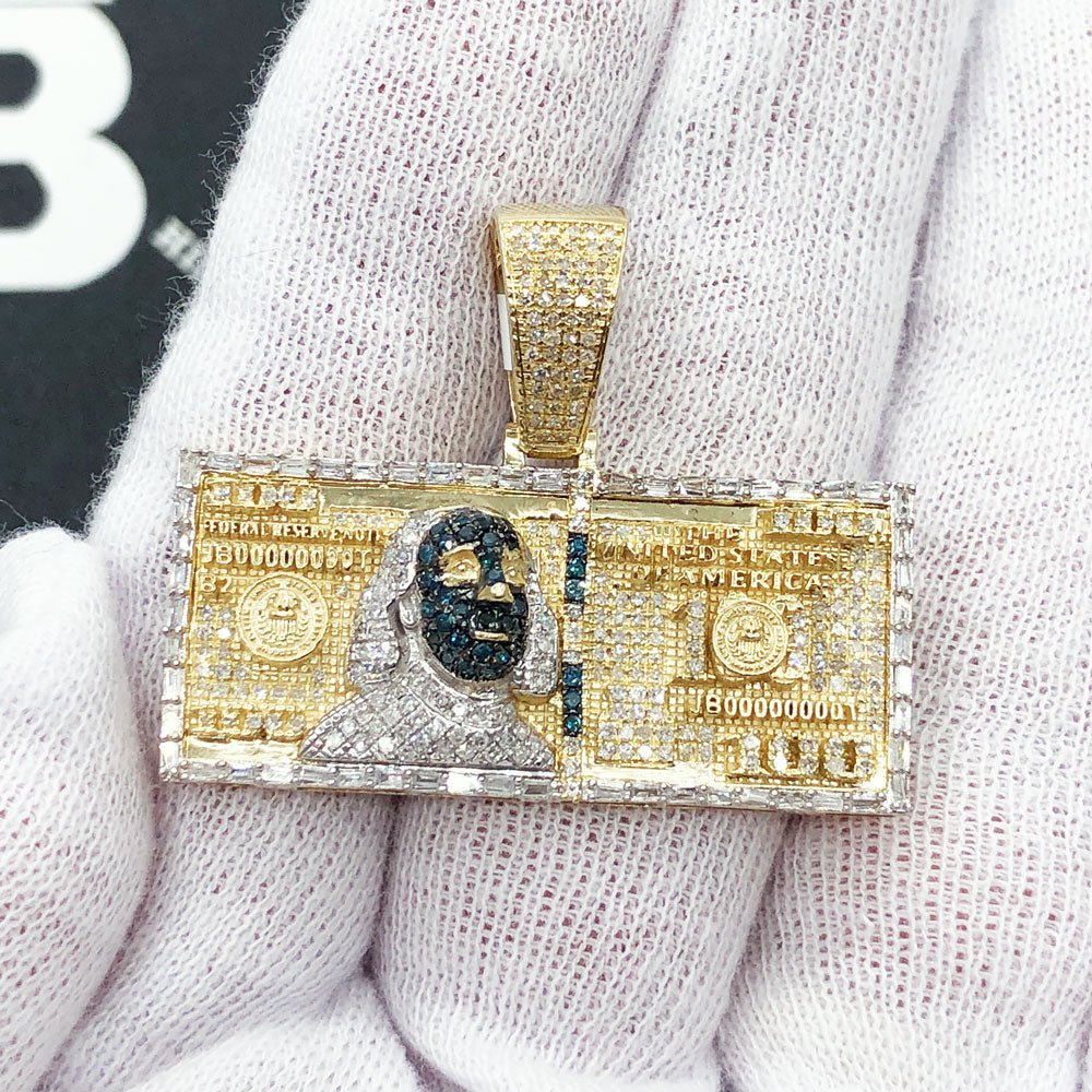 $100 Bill Baguette Blue Diamond Pendant 1.20cttw 10K Yellow Gold HipHopBling