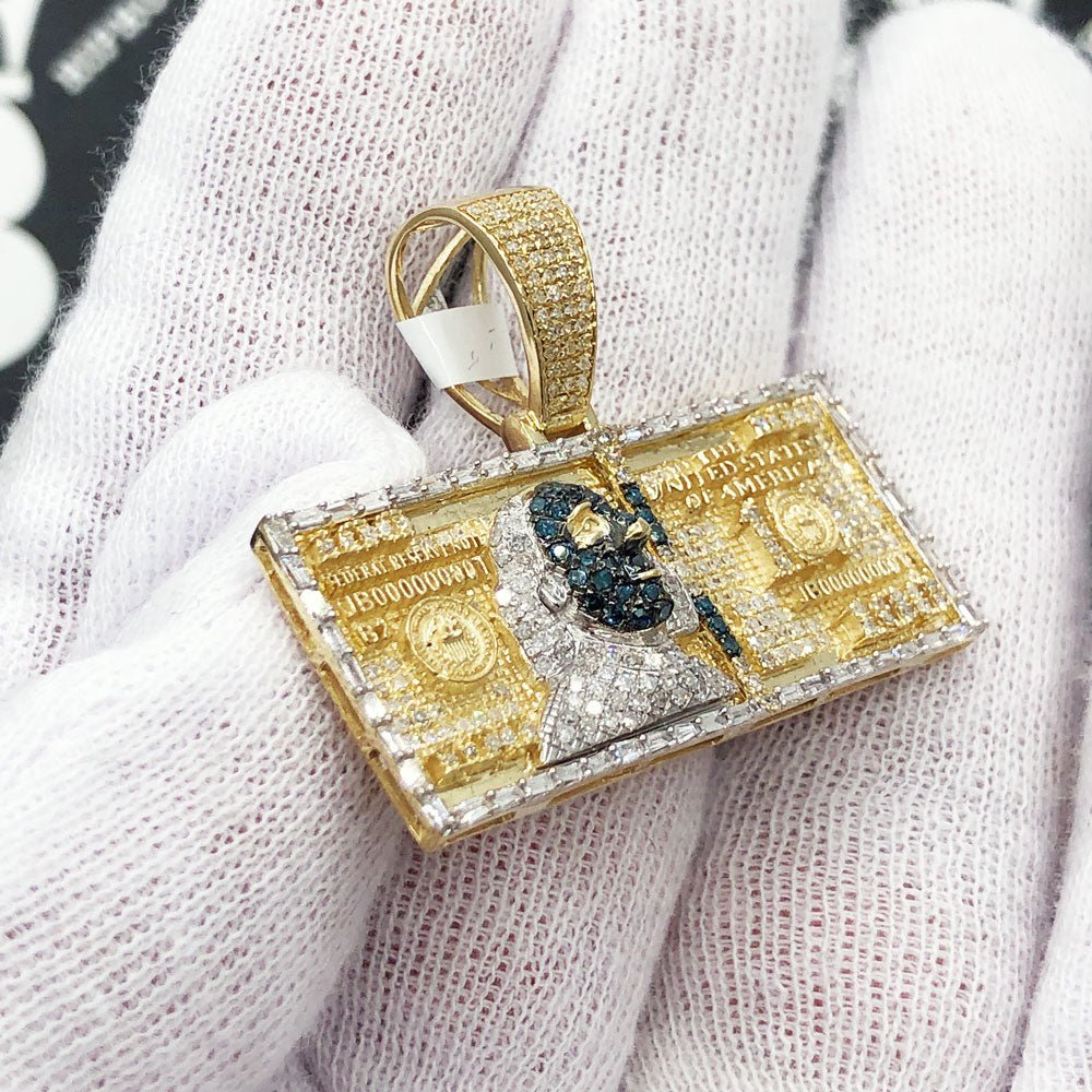 $100 Bill Baguette Blue Diamond Pendant 1.20cttw 10K Yellow Gold HipHopBling