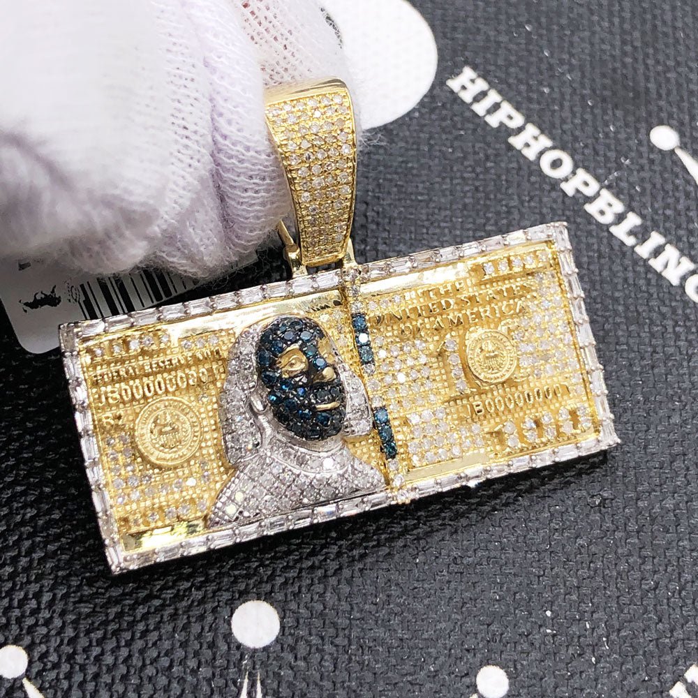 $100 Bill Baguette Blue Diamond Pendant 1.20cttw 10K Yellow Gold HipHopBling
