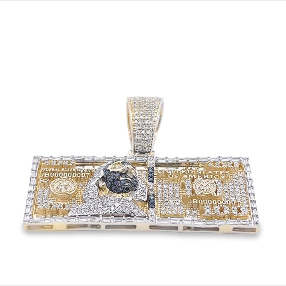 $100 Bill Baguette Blue Diamond Pendant 1.20cttw 10K Yellow Gold HipHopBling