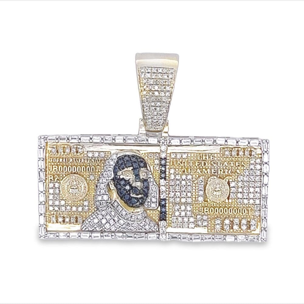 $100 Bill Baguette Blue Diamond Pendant 1.20cttw 10K Yellow Gold HipHopBling