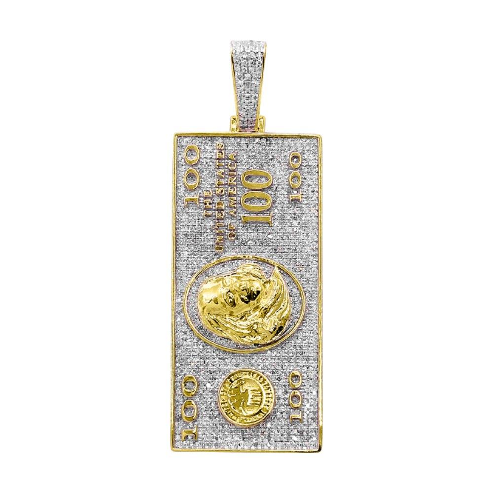 $100 Bill Diamond Pendant 1.00cttw 10K Yellow Gold HipHopBling