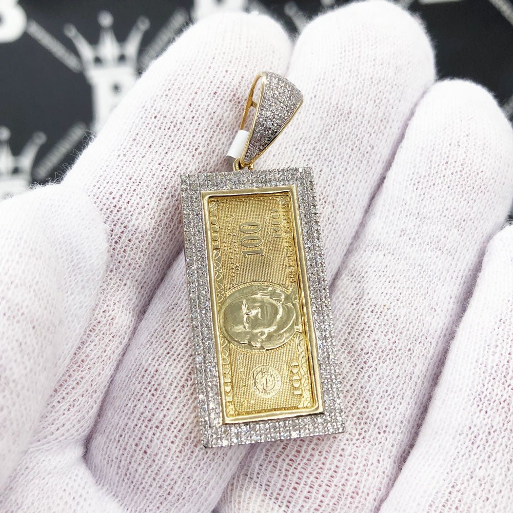 $100 Bill Diamond Pendant .55cttw 10K Yellow Gold HipHopBling