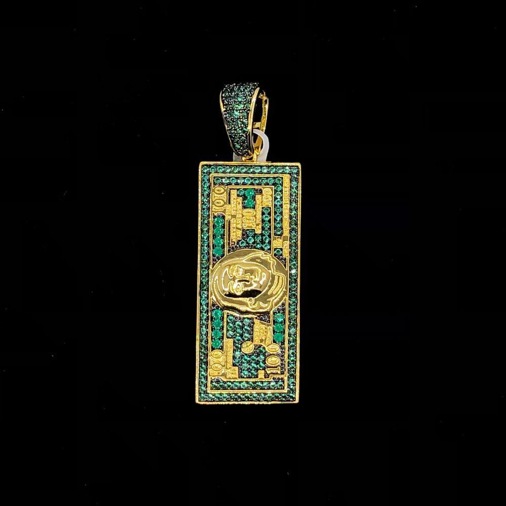 $100 Bill Green VVS CZ Hip Hop Bling Bling Pendant Yellow Gold HipHopBling